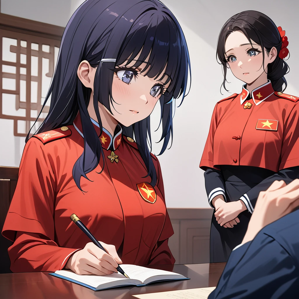 ((Highest quality)), ((masterpiece)), (detailed), (Perfect Face)、The woman is Reika Aoki with semi-long hair、The woman is wearing Communist Party uniform in China and is a member of the Chinese Communist Party.、The woman is listening intently to the teachings of the Chinese Communist Party members and receiving guidance.