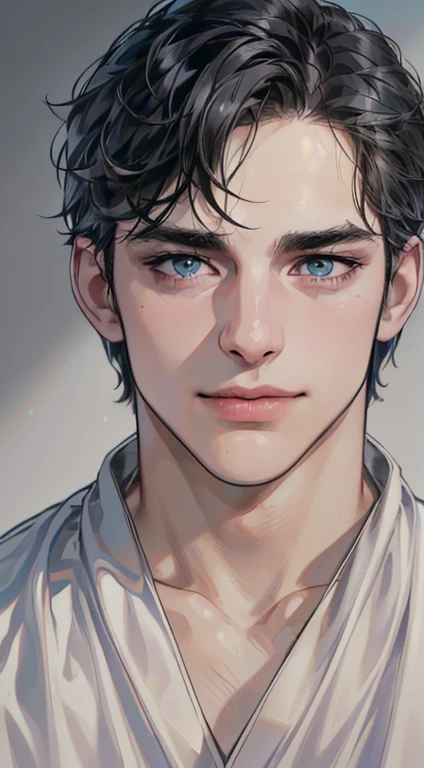 (best quality,4k,8k,highres,masterpiece:1.2),ultra-detailed,(realistic,photorealistic,photo-realistic:1.37),1 man,3,mature man,very handsome,without expression,smile,short grey black hair,blue eyes,penetrating gaze,perfect face without errors,imposing posture,businessman,office background,cinematic lighting,hdr image