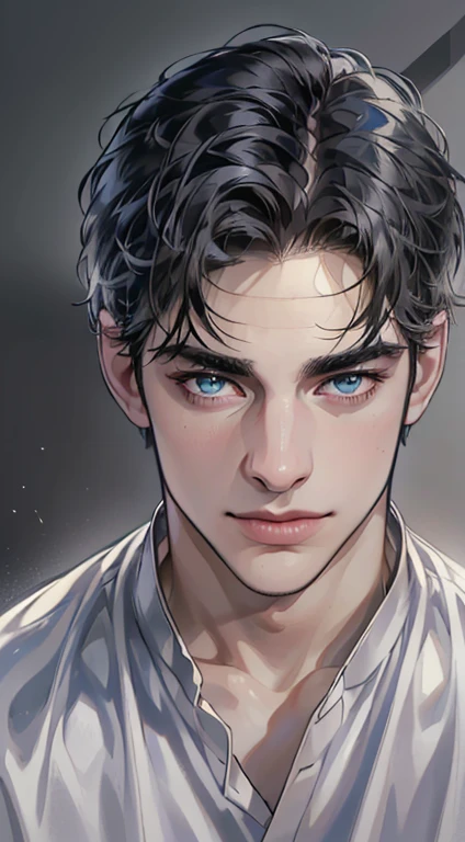 (best quality,4k,8k,highres,masterpiece:1.2),ultra-detailed,(realistic,photorealistic,photo-realistic:1.37),1 man,3,mature man,very handsome,without expression,smile,short grey black hair,blue eyes,penetrating gaze,perfect face without errors,imposing posture,businessman,office background,cinematic lighting,hdr image
