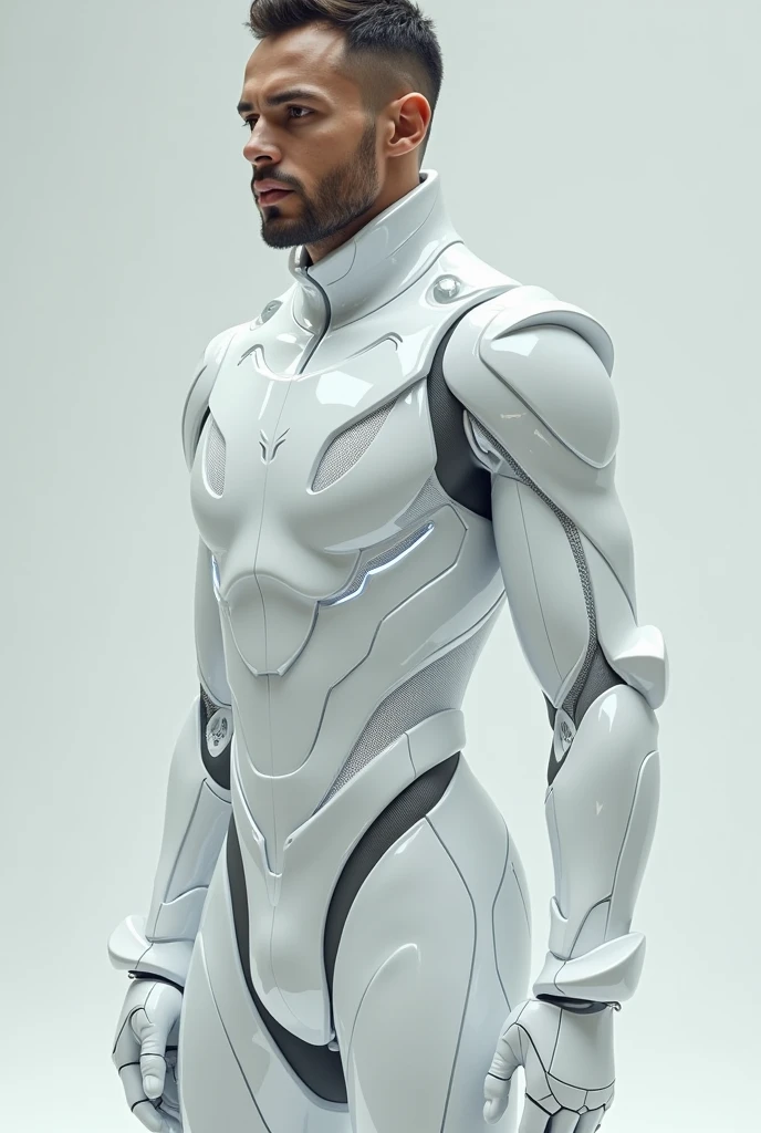 Ai genarate with a male picture 
With white glossy cyborg coustume with my face 
