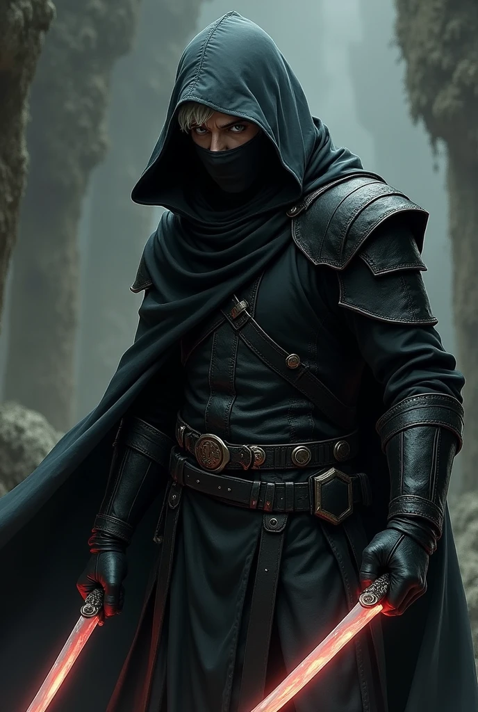 dnd, dungeons and dragons, lightfoot halfling, rogue, short, little person, tiny adult man, round human ears, assassin, ninja, stealth, sneaky, mask, covered mouth, psychic, scary, intimidating, solo, single person, action pose, fighting, pale white skin, short wavy black hair, light grey eyes, handsome, male, middle aged, skinny, anime, comic book, black leather armor, black cloak, large black hood, mask covering nose and mouth, short pink ethereal knives in both hands, small knives, magic, ((masterpiece, best quality)), trending artwork