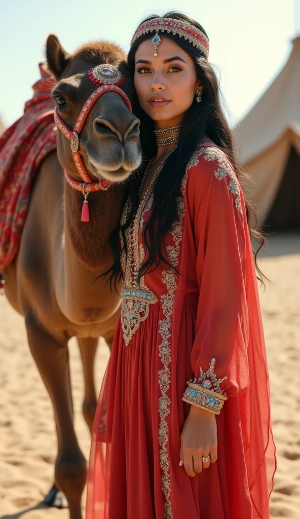   She is looking Arabian camel , hug camel, Front view ,Full-body, standing pose, on sand, near sultan tent, (( An  Arabian  camel, decoration camel harness:1.5)), a Persian  ancient girl,  exotic Persian girl is 20 years old, (Black hair ,long hair, Brown eye), (Her eyes were outlined with kohl:1.3) , (little Lips, smile), (Gorgeous head band with jewel), (middle  breasts, middle hip), (She wore a knee-length  light red gorgeous design red gown adorned with intricate embroidery, complemented by light blue bangles and necklaces. A second, longer shawl covered her head and shoulders, Kaunakes ), (framing her face like a White see-through veil), gorgeous sandal, ((Surrealism, UHD, retina, masterpiece, anatomically correct, accurate, textured skin, super detail, high details, high quality, best quality,  8k))

