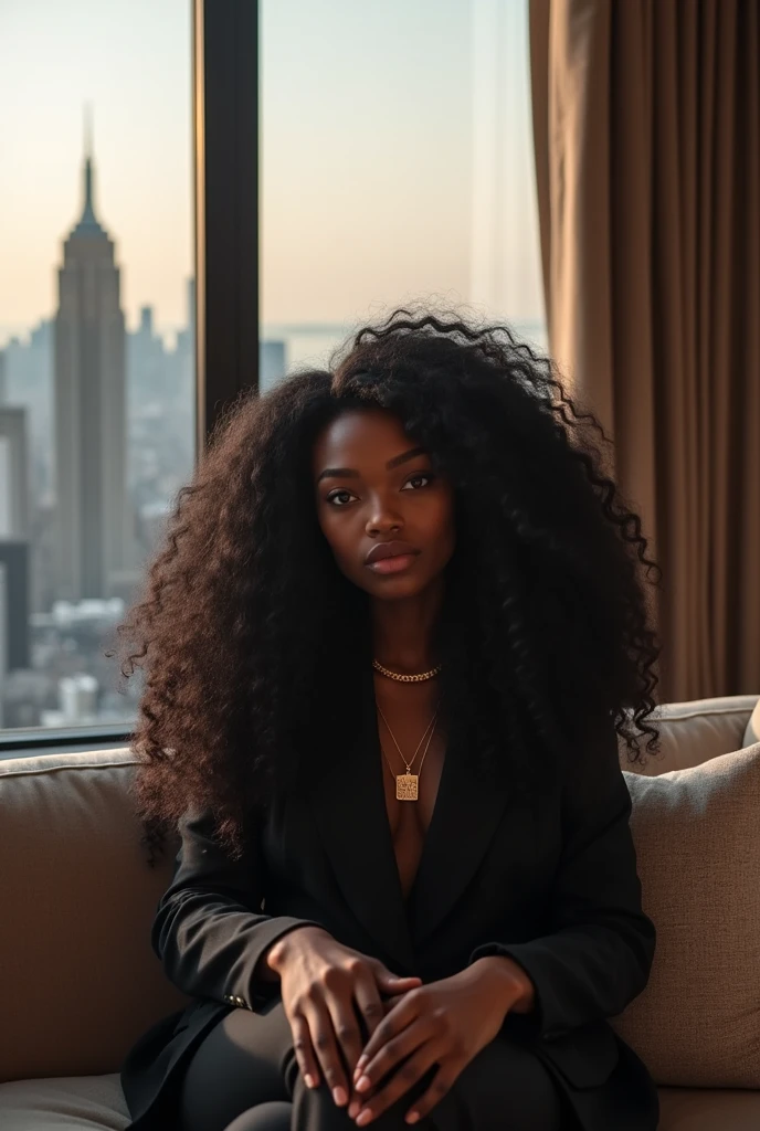 darkskin ebony 1girl, selfie photo hyper realistic curly long black hair mirror photos 8k ultra hd, sitting on a modern sofa in a modern marble mansion, background is detailed and luxurious living room, full body, panoramic window view of the New York skyline, wearing acne studios