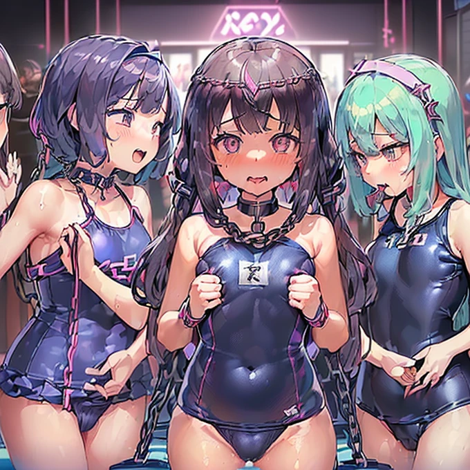 ,(((-Women's Cosplay Costumes,baby doll,negligee,Erotic Lingerie,school uniform,Japanese Roleplay,sexy,high school girl))),Highest quality、High resolution、Detailed Background、(Beautiful face in every detail:1.4)、Anatomically correct、(Detailed facial expressions)、(fine grain:1.2)、 beauty、cuteカラーの髪色、Braided Ponytail、Braided bob cut、Braided twin tails、Navy School Swimsuit、(Flat Chest)、Perfect body line、Thick thighs、Please show me your whole body、
(Five beautiful girls in school swimsuits are having fun at the school pool.:1.5)、
Big smile、Laughing with your mouth open、My whole body is wet、My hair is wet too、Fun atmosphere、Embrace each other、cute仕草、cute,,(((ベルトとストラップ付きのFor women下着セット,Metal Chain,sexyなランジェリー,4 Piece Set,Porn Wear,Nightclub Temptation,For women))),
