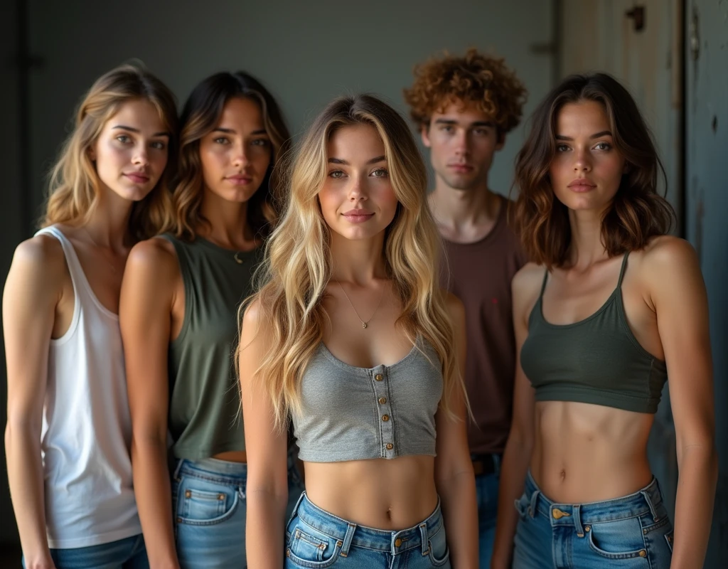 Photo of a teenage girl in skater fashion and her male and female friends. Everyone is wearing a tank top. It's a cool and stylish image.