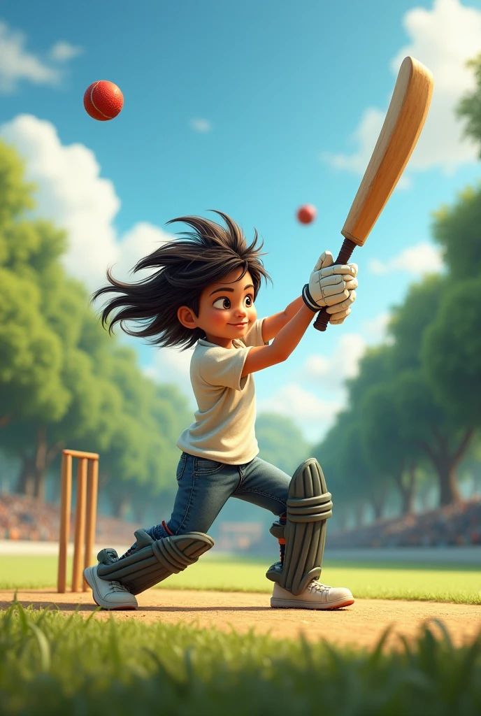 A boy playing cricket with log hair hitting a huge six