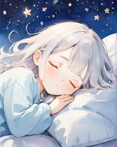 Draw with firm lines、Scattering stars、Silver Hair、Sleep on a futon、Earth、Illustration of a shy and sleepy girl, Completely white image, Very soft color, watercolor, Hannah Dale,