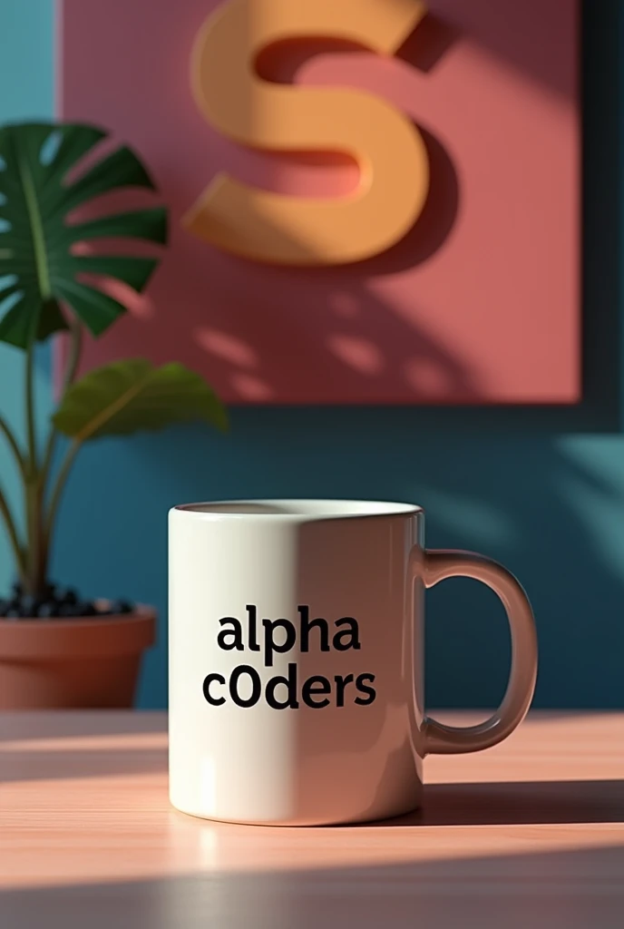 Coffee mug with a youthful design, with an engraving that says "alpha C0ders", which reflects youth, intelligence, perseverance, courage. In the background a wall with a large painting with the logo of the JavaScript programming language