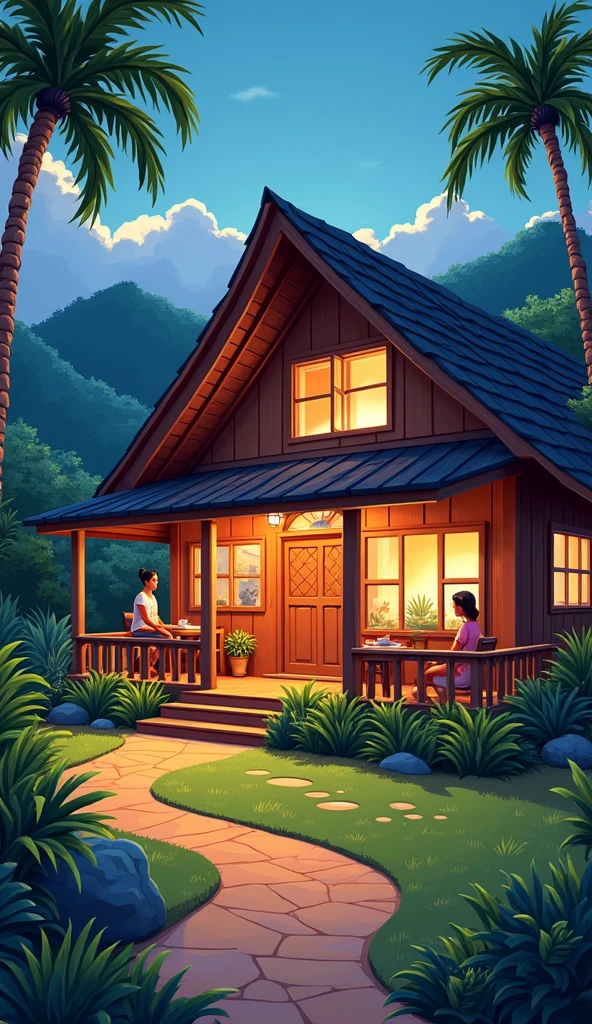 Illustration of Hawaii, a very cozy native Hawaiian home. Background of people around in the evenings, 2d, cartoon, brightly colored --s 250 --v 6.0