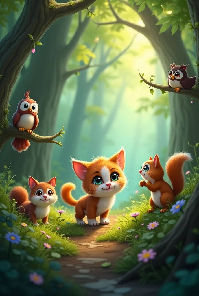As Whiskers (a kitten) ventured deeper into the woods, she encountered all sorts of creatures like owl , squirrel