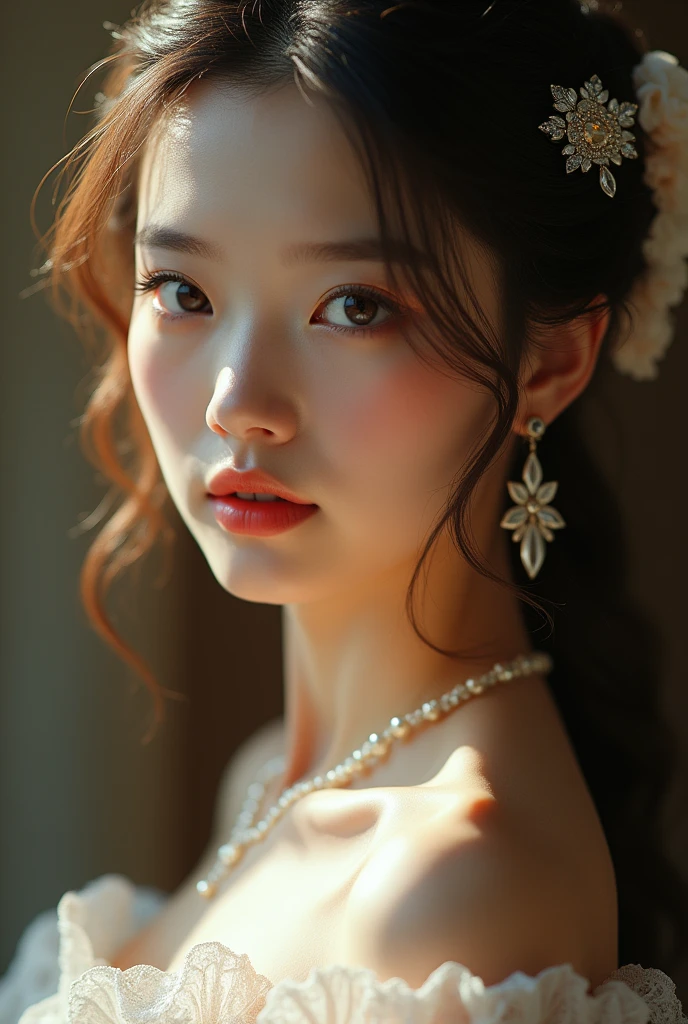 Best quality, masterpiece, a high resolution, 1 girl, porcelain dress, hair accessories, NECKLACE, Jewelry, Beautiful face, On the body, Tyndall effect, realistic, Shadow Studio, Rim lighting, two-color lighting, (Skins with high detail: 1.2), 8 K UHD, SLR camera, soft light, high quality, volumetric light, secret shot, Photo, a high resolution, 4K, 8 K, background blur,light brown hair large face
