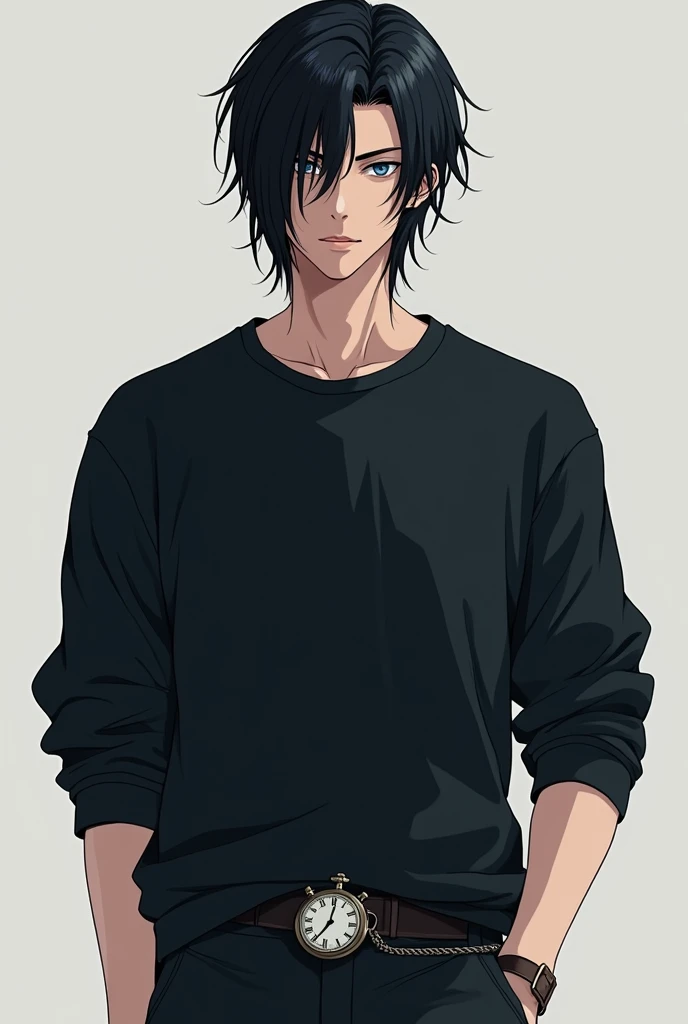 Tall, thin anime character with subtly prominent muscles, with straight jet black hair reaching to the neck and with a lock that falls over his forehead, Intense blue eyes with a penetrating gaze, clear skin without visible imperfections, with angular face, Slightly marked cheekbones and defined jaw, Thin, slightly arched eyebrows to give a thoughtful expression, thin lips with a neutral expression, He should wear dark and simple clothing such as a sweatshirt and comfortable pants and should wear an old pocket watch on his belt that can be used to keep track of time. Personaje masculino