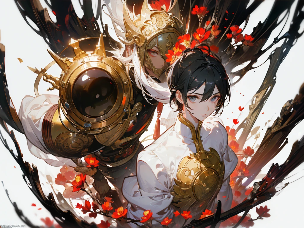 ((masterpiece, best quality)), Epic battlefield atmosphere,Journey to the West,Sun Wukong,Fighting Buddha,Petals falling,A meticulous face,Standing image,Perfect body proportions,Stylish short hair,beautiful eyes,Fantasy style,White background