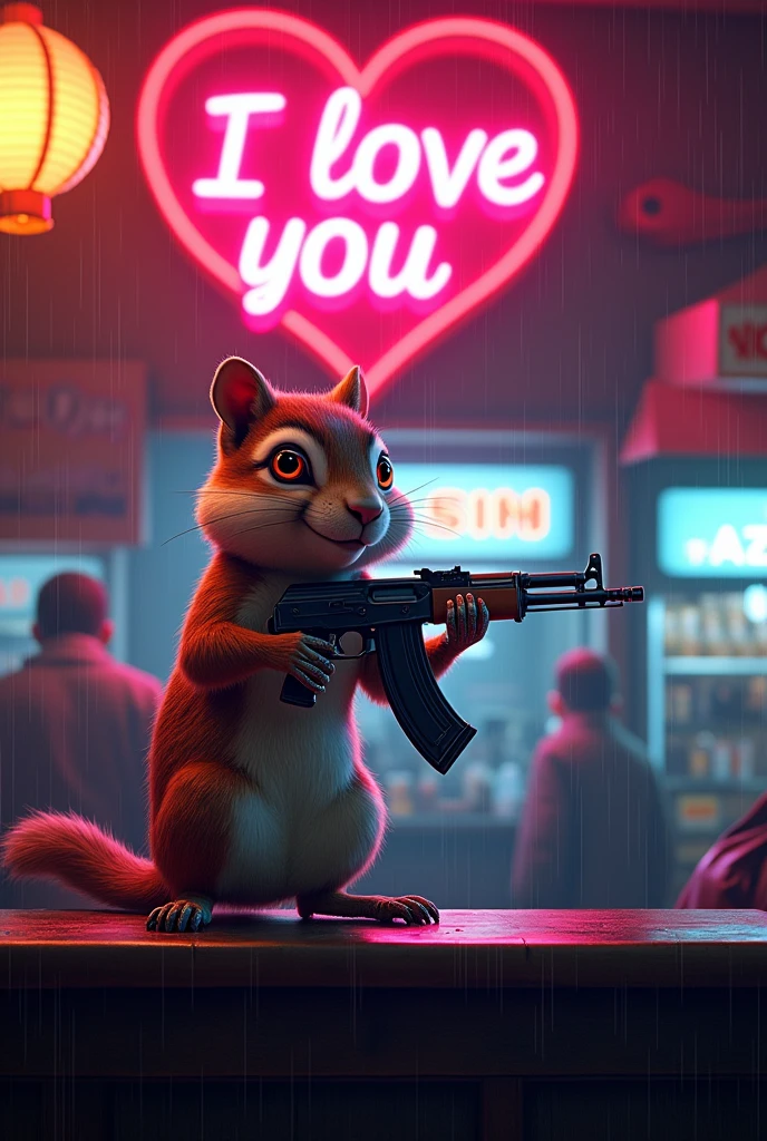 Movie poster, large neon sign in the center reads "I love you", masterpiece, 4k, 8k, high quality, high detail, concept art, cybernetically enhanced chipmunk, red eyes. neon glow, robot chipmunk, one hand holding an AK, one foot metal, looking at the viewer, standing on the bar of a noodle shop, taking care of yourself, cyberpunk scene, rain falling, neon lights,