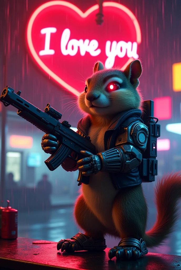 Movie poster, large neon sign in the center reads "I love you", masterpiece, 4k, 8k, high quality, high detail, concept art, cybernetically enhanced chipmunk, red eyes. neon glow, robot chipmunk, one hand holding an AK, one foot metal, looking at the viewer, standing on the bar of a noodle shop, taking care of yourself, cyberpunk scene, rain falling, neon lights,