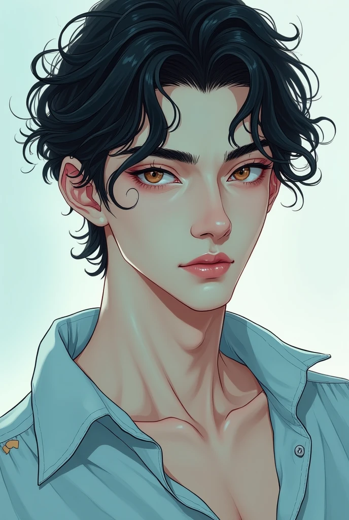 Generates a manhwa-style image of a man with white, smooth skin, a few strands of black wavy hair, the serious look and the intense seductive eyes, pastel blue, torn and small