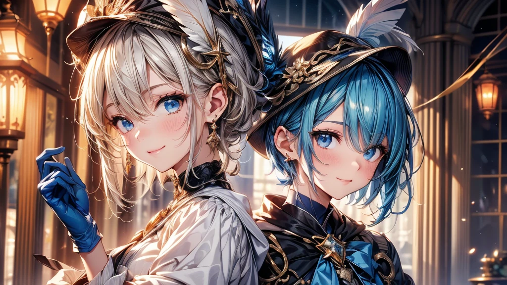 (Highest quality, 4K, 8k, High resolution, masterpiece:1.2), Very detailed,shading, ,Masquerade,Furina, smile, short hair, Red fundus, gloves, Long sleeve, have, White Background, Hair between the eyes, jewelry, Mouth closed, Blue fur, Jacket, He drowned, By White, black gloves, Striped Hair, Feather duvet, brooch, Blue hat, blue gloves,By White, Upper Body,Light and shadow,Back to Back,