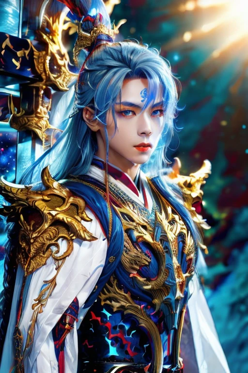 Handsome young xianxia protagonist,man,guy,long silver hair, Crimson red and golden amber eyes combination ,eyes focus detailed((no noice)),(((no noice))),and long silver hair with white undertone,and the golden rune motiv scratched on his forehead((no noice)),use armour featuring like pattern on furr of white Tiger chinese with azure and white dominant color,pauldron protective shape like dragon head,breastplate featuring like azure dragon head,breastplate detailed azure dragon head shape,shoulder protective dragon shape like head red and blue,sun and moon and nebulae circling at the background,nebula destruction detail,the tassel of the armour like river of galaxy, combination of azure and white dominant color,white dominant color, white dominant color armour,with majestic purple line ,held mystical sword,sword detailed, destruction emanating from sword ((no noice))And majestic golden wings at back,wings at back,terrifying aura around,24K ultra hd,face and eyes detail,lips and face detail,masterpiece ,better quality,ultraa realistic face((no noice)),good face proportion,eyes detailed,((perfect face)),perfect eyes ,perfect face proportion,
