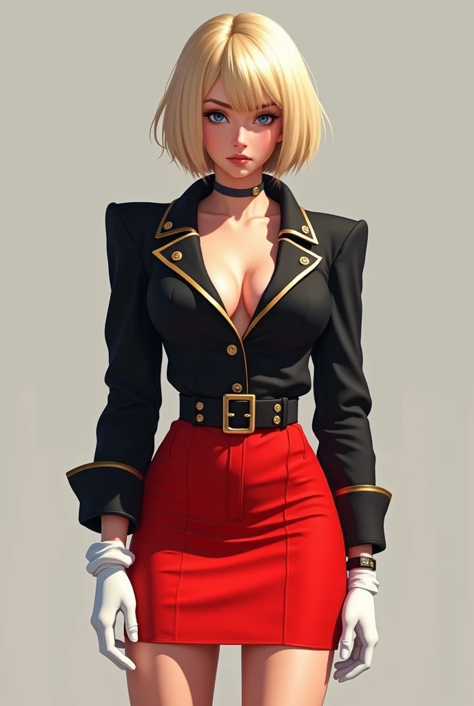 Short, tight mini skirt that covers my legs just above my knees. The skirt is bright red and has a wide black belt holding it in place.. I also wear a fitted jacket that covers my shoulders and chest.. The jacket is black with gold details on the collar and buttons.. And I have white gloves that cover my hands up to the fingers, a 2 girl(from head to toe), cute and tender face(without makeup) (forward facing camera), short hair and blonde, big thighs and big hips, low height