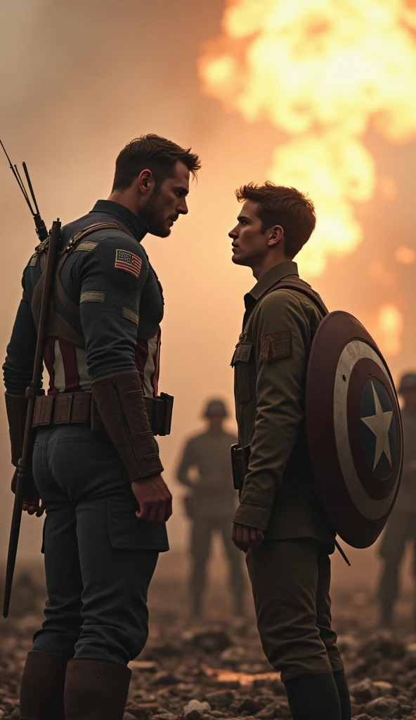 Illustrate a powerful and emotional scene where Captain America faces the heart-wrenching dilemma of changing the past. In the foreground, Captain America stands on a battlefield from World War II, reaching out toward a moment frozen in time—Bucky Barnes in mortal danger. His hand is outstretched, fingers trembling with hesitation, as he battles with the decision of whether or not to intervene.
Bucky is depicted in a life-or-death situation, perhaps hanging from a cliff edge or caught in the blast of an explosion, his face showing a mixture of fear and determination. The scene around them is charged with tension: debris and dirt suspended in mid-air, flames from an explosion halted in their tracks, and soldiers frozen in the midst of combat.
Captain America's face is a study in inner conflict, his brows furrowed, and his eyes filled with anguish as he weighs the consequences of altering the timeline. His iconic shield is slung across his back, slightly obscured, as if forgotten in this moment of deep contemplation. His stance is tense, with one foot planted forward, ready to move, but his body pulled back by the weight of the decision.
The background is blurred, focusing all attention on the intense emotional struggle between Captain America and the image of Bucky. Subtle distortions in the air around Captain America suggest the pressure of time being held at bay, with faint echoes of past memories swirling faintly around him, hinting at the possible outcomes of his choice.
The lighting is dramatic, with a harsh, golden glow highlighting the figures of Captain America and Bucky, while the surrounding environment remains in shadow, adding to the gravity of the moment. The overall atmosphere should convey a sense of urgency, sorrow, and the profound weight of the decision Captain America faces, as he stands on the precipice of altering history.