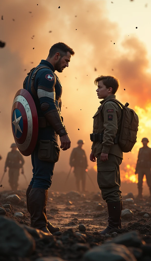 Illustrate a powerful and emotional scene where Captain America faces the heart-wrenching dilemma of changing the past. In the foreground, Captain America stands on a battlefield from World War II, reaching out toward a moment frozen in time—Bucky Barnes in mortal danger. His hand is outstretched, fingers trembling with hesitation, as he battles with the decision of whether or not to intervene.

Bucky is depicted in a life-or-death situation, perhaps hanging from a cliff edge or caught in the blast of an explosion, his face showing a mixture of fear and determination. The scene around them is charged with tension: debris and dirt suspended in mid-air, flames from an explosion halted in their tracks, and soldiers frozen in the midst of combat.

Captain America's face is a study in inner conflict, his brows furrowed, and his eyes filled with anguish as he weighs the consequences of altering the timeline. His iconic shield is slung across his back, slightly obscured, as if forgotten in this moment of deep contemplation. His stance is tense, with one foot planted forward, ready to move, but his body pulled back by the weight of the decision.

The background is blurred, focusing all attention on the intense emotional struggle between Captain America and the image of Bucky. Subtle distortions in the air around Captain America suggest the pressure of time being held at bay, with faint echoes of past memories swirling faintly around him, hinting at the possible outcomes of his choice.

The lighting is dramatic, with a harsh, golden glow highlighting the figures of Captain America and Bucky, while the surrounding environment remains in shadow, adding to the gravity of the moment. The overall atmosphere should convey a sense of urgency, sorrow, and the profound weight of the decision Captain America faces, as he stands on the precipice of altering history.