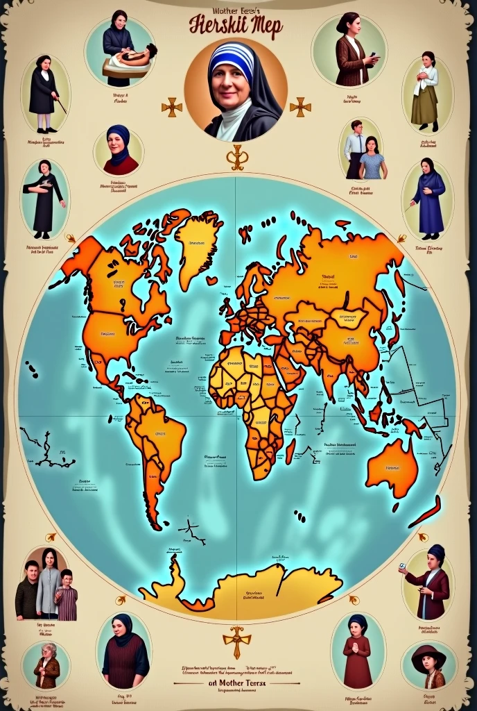 "A world map with several pins marking locations across different continents. Around the map, small images of Mother Teresa's charitable institutions should appear, showing the global reach of her work."