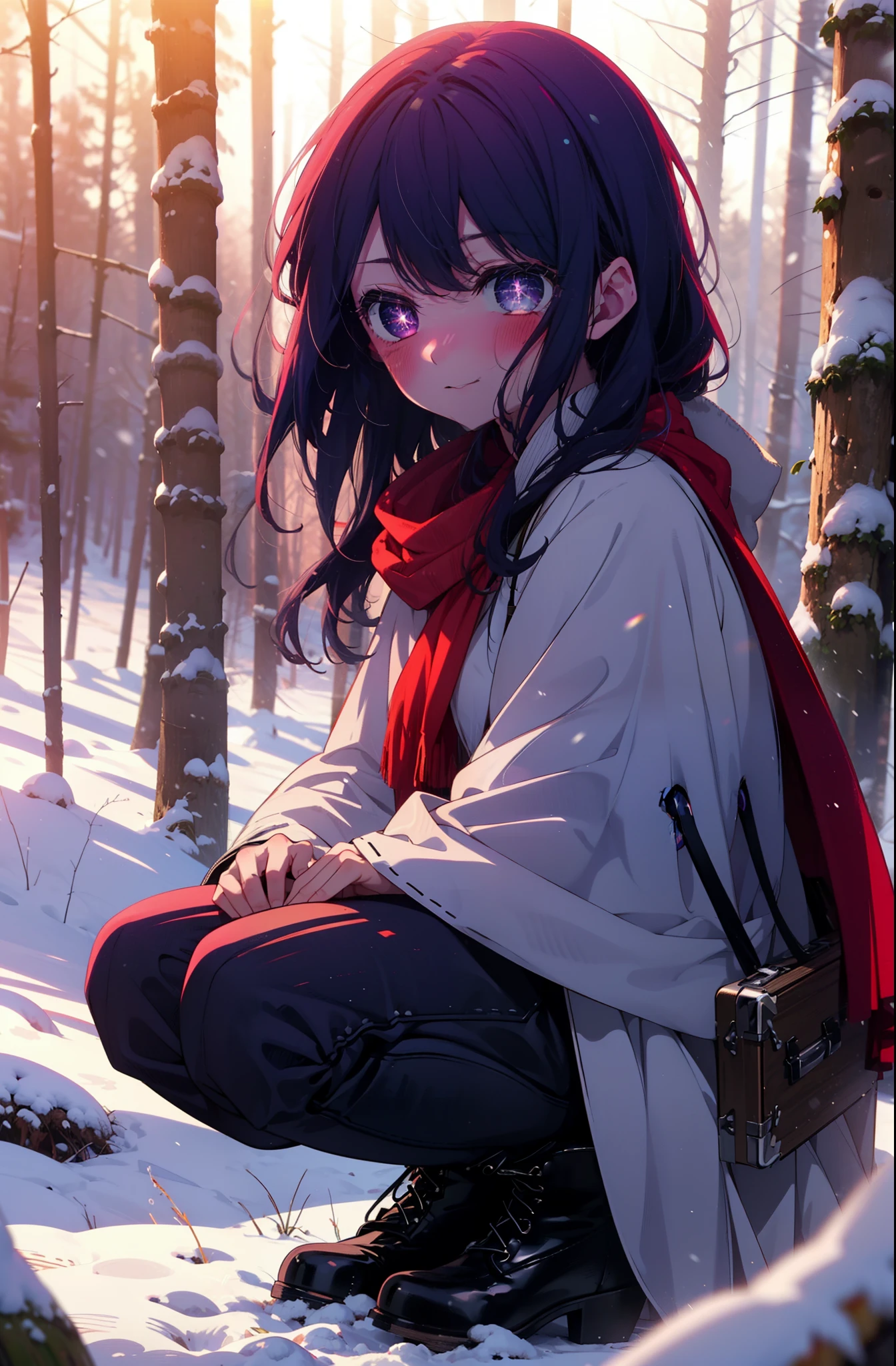 aihoshino, Ai Hoshino, Long Hair, bangs, (Purple eyes:1.1), Purple Hair, (Symbol-shaped pupil:1.5), smile,,smile,blush,white breath,
Open your mouth,snow,Ground bonfire, Outdoor, boots, snowing, From the side, wood, suitcase, Cape, Blurred, , forest, White handbag, nature, Squat, Mouth closed, Cape, winter, Written boundary depth, Black shoes, red Cape break looking at viewer, Upper Body, whole body, break Outdoor, forest, nature, break (masterpiece:1.2), Highest quality, High resolution, unity 8k wallpaper, (shape:0.8), (Beautiful and beautiful eyes:1.6), Highly detailed face, Perfect lighting, Extremely detailed CG, (Perfect hands, Perfect Anatomy),
