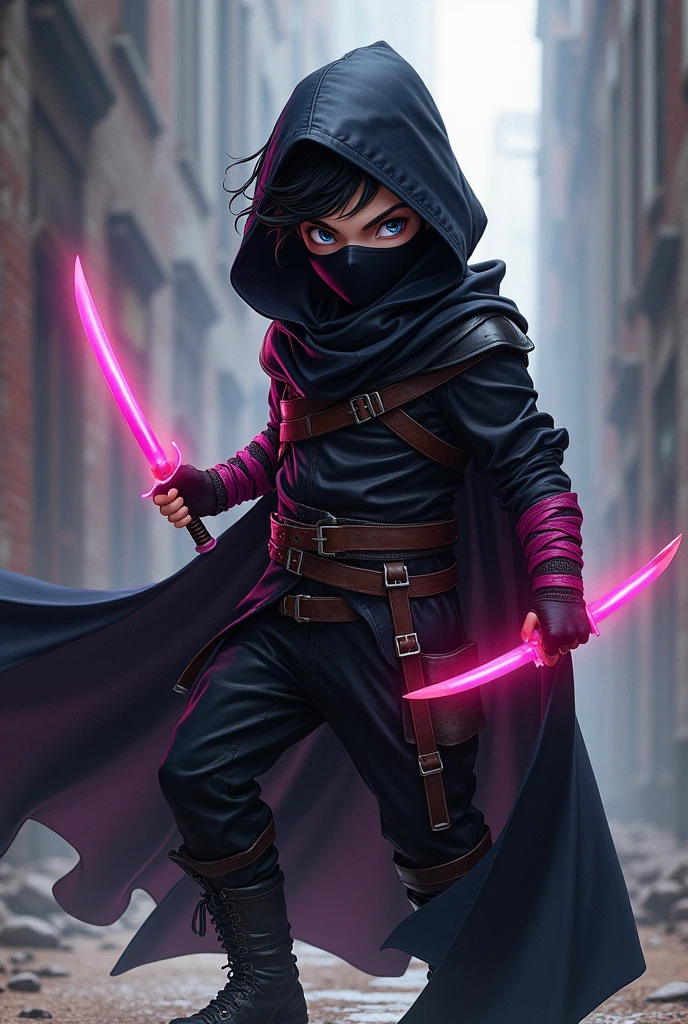 dnd, dungeons and dragons, lightfoot halfling, rogue, short, little person, tiny adult man, round human ears, assassin, ninja, stealth, sneaky, mask, covered mouth, psychic, scary, intimidating, solo, single person, action pose, fighting, pale white skin, short wavy black hair, light grey eyes, handsome, male, middle aged, skinny, anime, comic book, black leather armor, black cloak, large black hood, mask covering nose and mouth, short bright pink ethereal knives in both hands, small knives, magic, ((masterpiece, best quality)), trending artwork