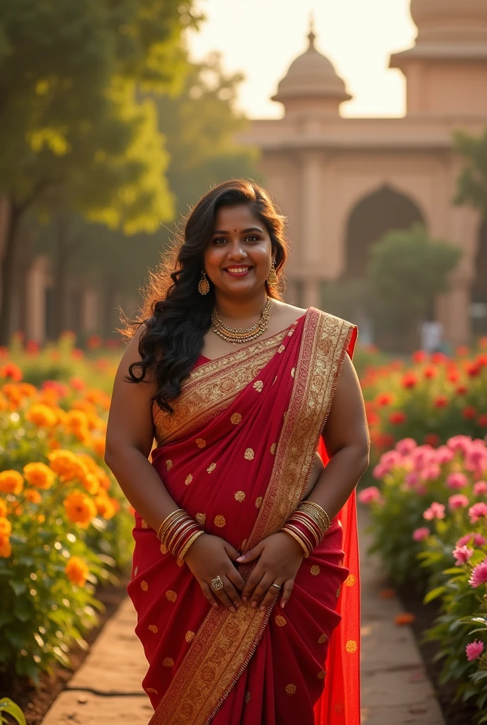 a very short and thick voluptuous smiling Indian woman with huge saggy breasts wearing trendy gorgeous intricate traditional dress without bra at a royal palace flower garden during golden hour, warm backlit dreamlike atmosphere, soft cinematic focus, anamorphic lens flares, masterpiece, by Zack Snyder,
