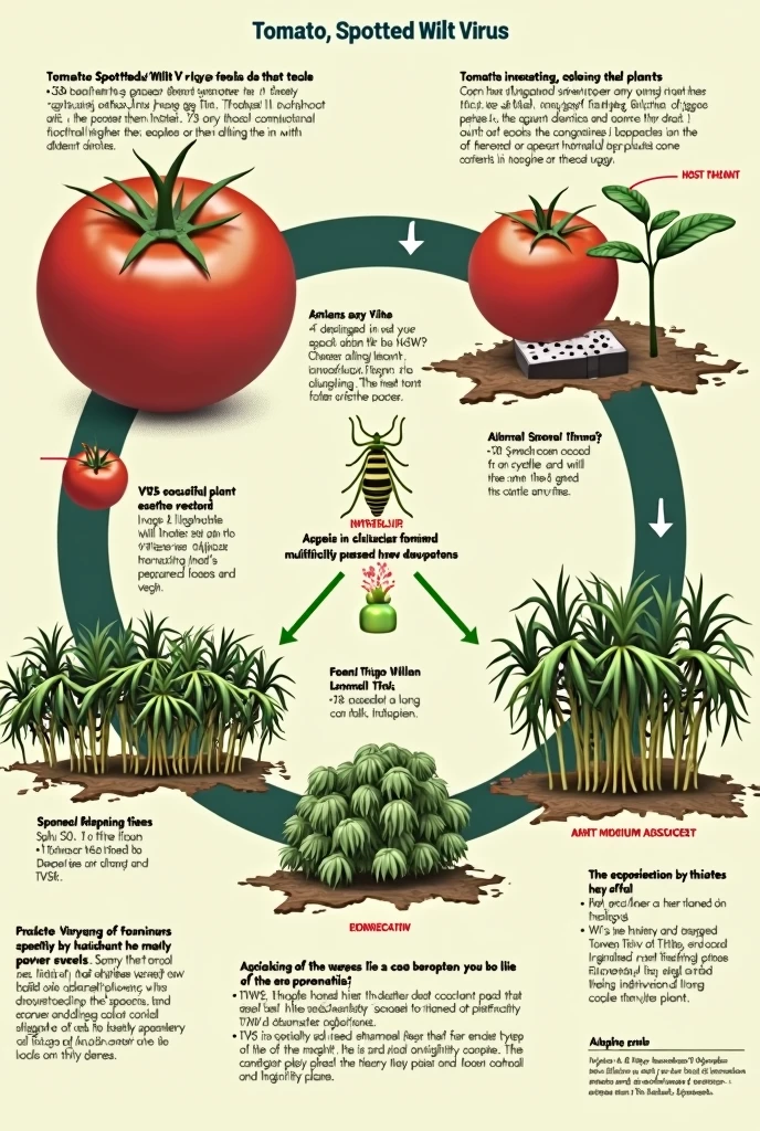 Diagram of the TSWV disease cycle:
Host plants (tomato)
Transmission by thrips (4 species) in larval stage Acquisition of the virus by thrips Maximum infectivity of thrips at 20-30 days Multiplication of the virus in the vector Thrips attracted by young plants (bright green color)
Cycle repeats itself in new plants and areas