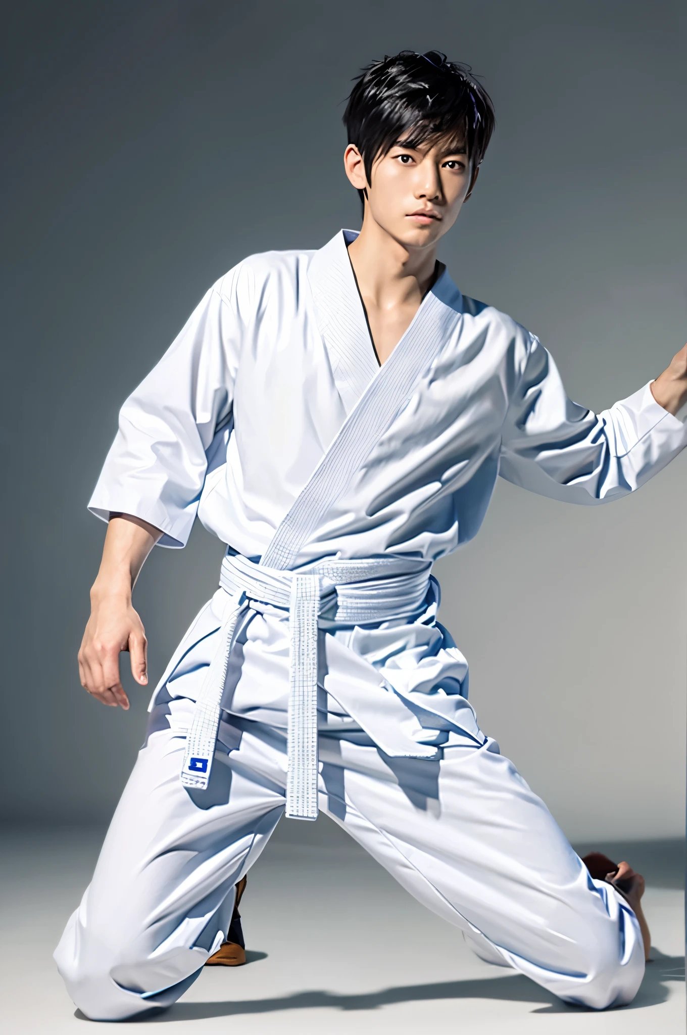 photograph, good looking, Full-body poster of a man with an attractive, calm expression、8k resolution, short hair, logic, Long legs, logicの足,, barefoot, 詳細なlogicの体格, (masterpiece, Highest quality, Highest quality), Raise your fist, Spread your arms wide, Large and dynamic movements, photographのようにリアルな描写,20-year-old, Tight waist, White karate uniform, Karate Belt, White karate pants, Accurate depiction of details, Perfect skeleton, Look straight at your audience, Sharp eyes