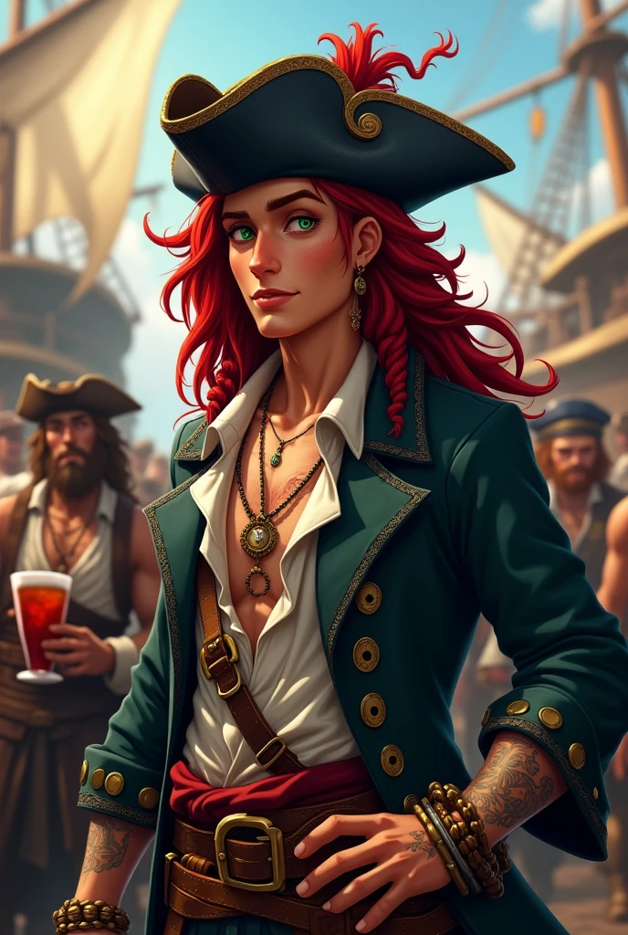 Generate the image of a pirate for a DnD campaign. A young pirate with a scammer face. He has long dark red curly hair, he has no beard,
No mustache and no goatee. His eyes are emerald green, and has a small scar on the bridge of his nose. He’s wearing a pirate hat in black leather, a long dark trench coat, under the coat a soft shirt half open, with an old leather filet. He’s wearing many bracelets and necklaces, he has many tattoo. He’s drinking and cheering at the pub with many other sailors, in the background a pirate harbor