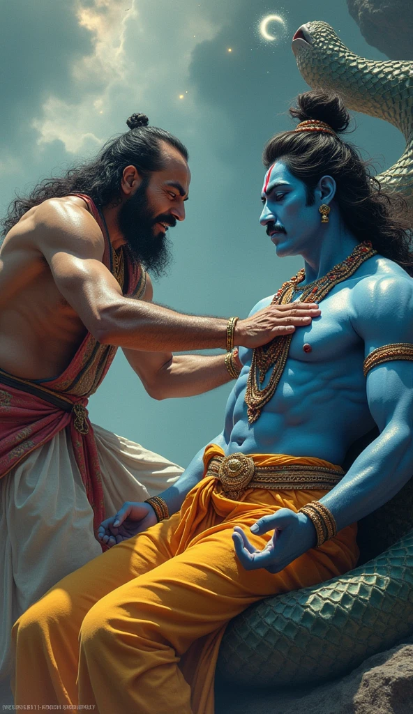 (photorealism:1.2), angry Vrigu Rishi kick at lord Vishnu's (who has blue skin tone) chest when rest at sesh nag