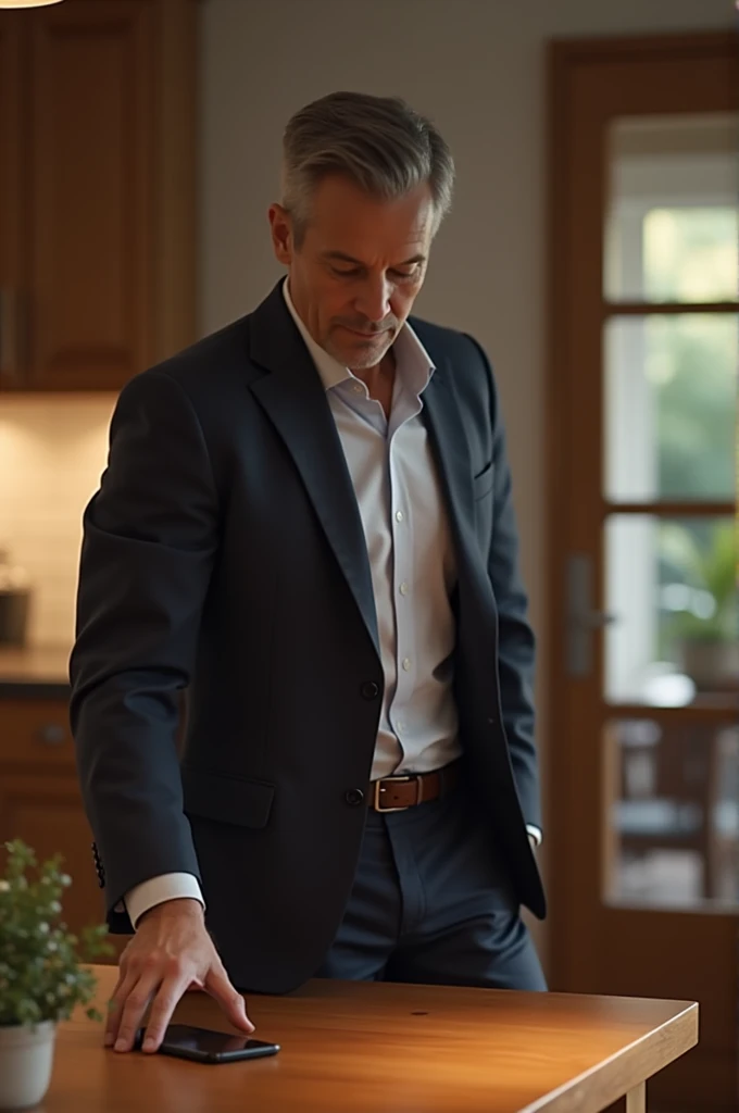 Man lefting the phone on table and went into kitchen to get snack 