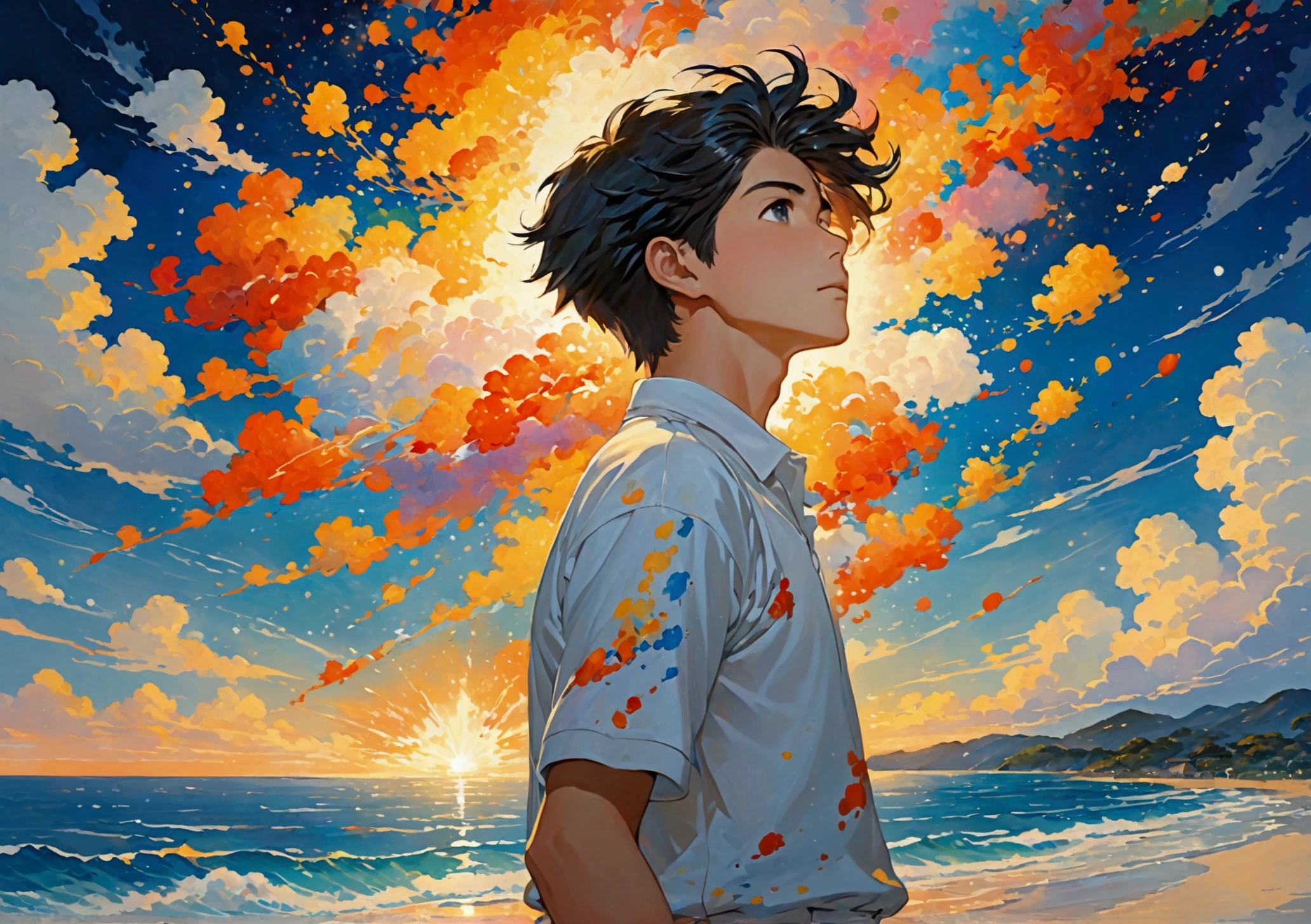 “japanese highschool boy”, “looking up at sky”, “holding paint brush, “painting sky”, “white polo shirt”, “by the ocean”, “night time”, “light shining from brush”, “sparkles exploding from brush”, “warm and cold”, “paint strokes exploding from brush”, “wind blowing strong at boy’s hair”, “wind from brush” "horizontal, 2388 x 1668"