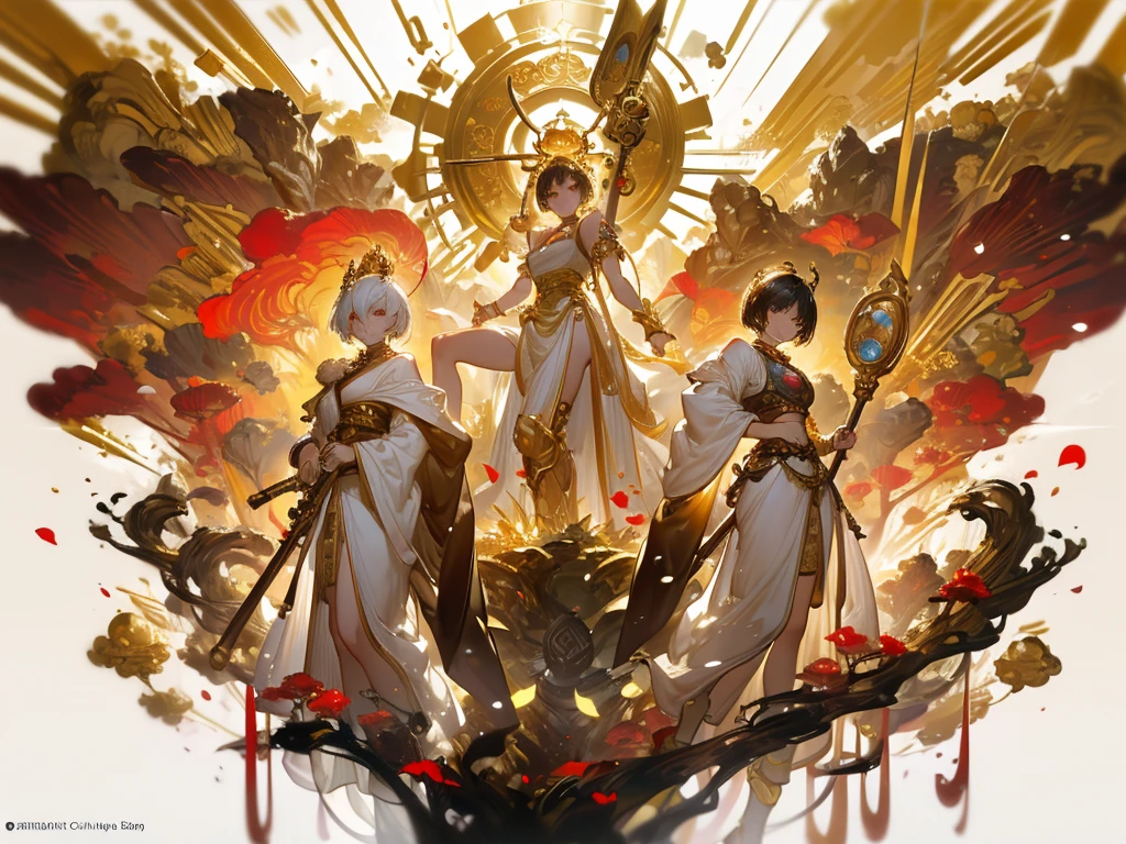 ((masterpiece, best quality)), Epic battlefield atmosphere,Journey to the West,Sun Wukong,Golden Cudgel,Fighting Buddha,Wearing a golden hoop,Petals falling,A meticulous face,Standing image,Perfect body proportions,Stylish short hair,beautiful eyes,Fantasy style,White background