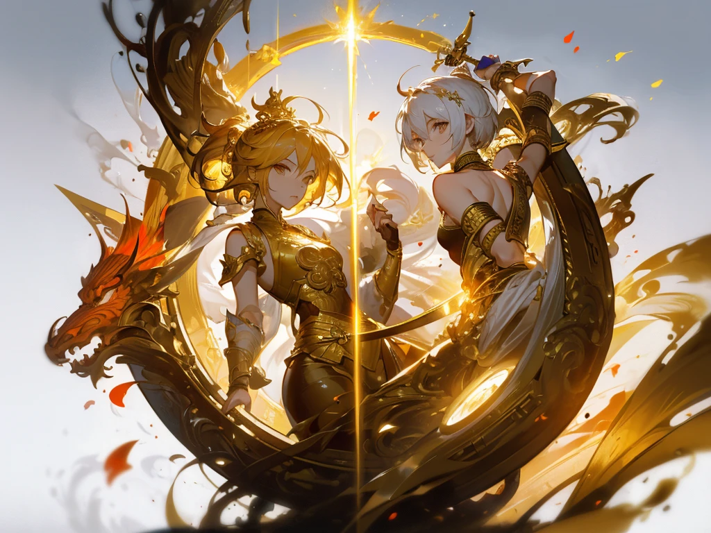 ((masterpiece, best quality)), Epic battlefield atmosphere，Journey to the West，Sun Wukong，Golden Cudgel，Fighting Buddha，Wearing a golden hoop，Petals falling，A meticulous face，Standing image，Perfect body proportions，Stylish short hair，beautiful eyes，Fantasy style，White background