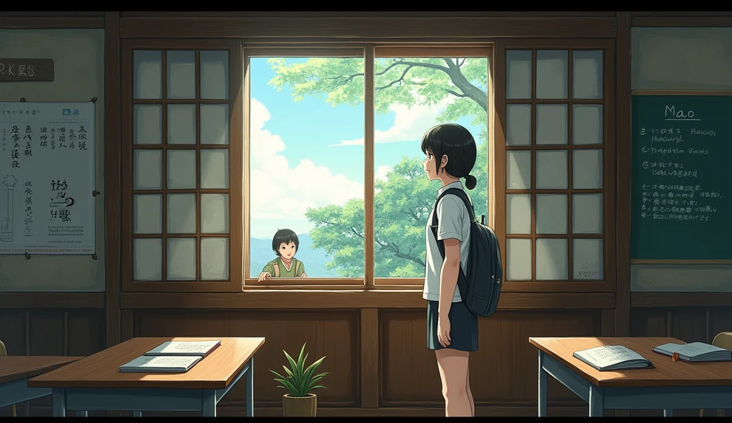 A classroom in an old school in modern Japan、Mao looking out the window、Haruki is outside