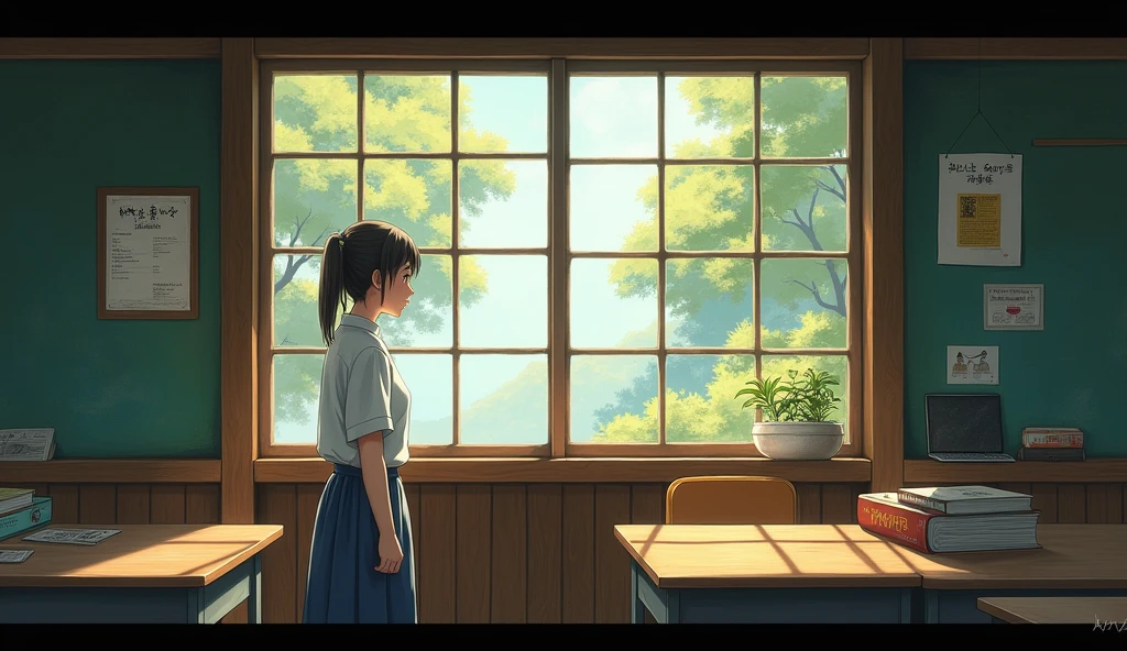 A classroom in an old school in modern Japan、Mao looking out the window、Haruki is outside