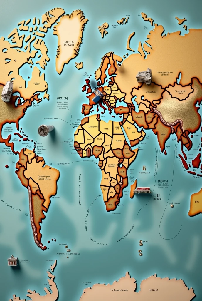 "A world map with several pins marking locations across different continents. Around the map, small images of Mother Teresa's charitable institutions should appear, showing the global reach of her work."