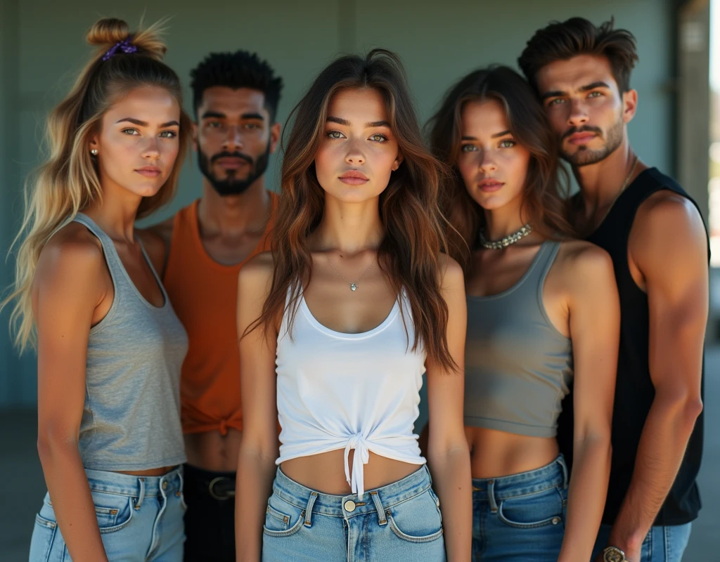 Photo of a  girl in skater fashion and her male and female friends. Everyone is wearing a tank top. It&#39;s a cool and stylish image.