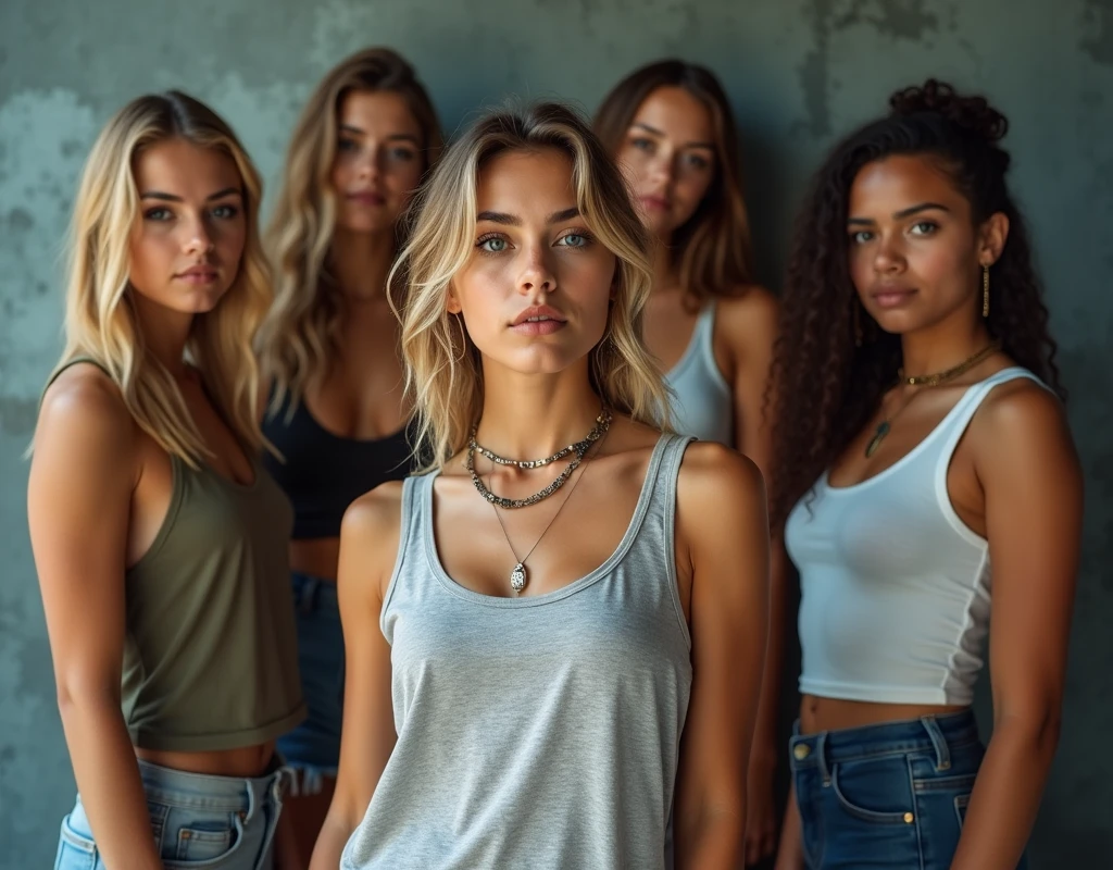 Photo of a teenage girl in skater fashion and her male and female friends. Everyone is wearing a tank top. It's a cool and stylish image.