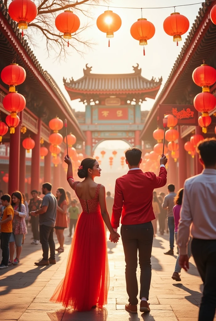  young couple, dressed in red attire, stands in the middle of a bustling Spring Festival temple fair. They hold a sign in hand with the English words "Happy Lunar New Year" written on it. High resolution photos.