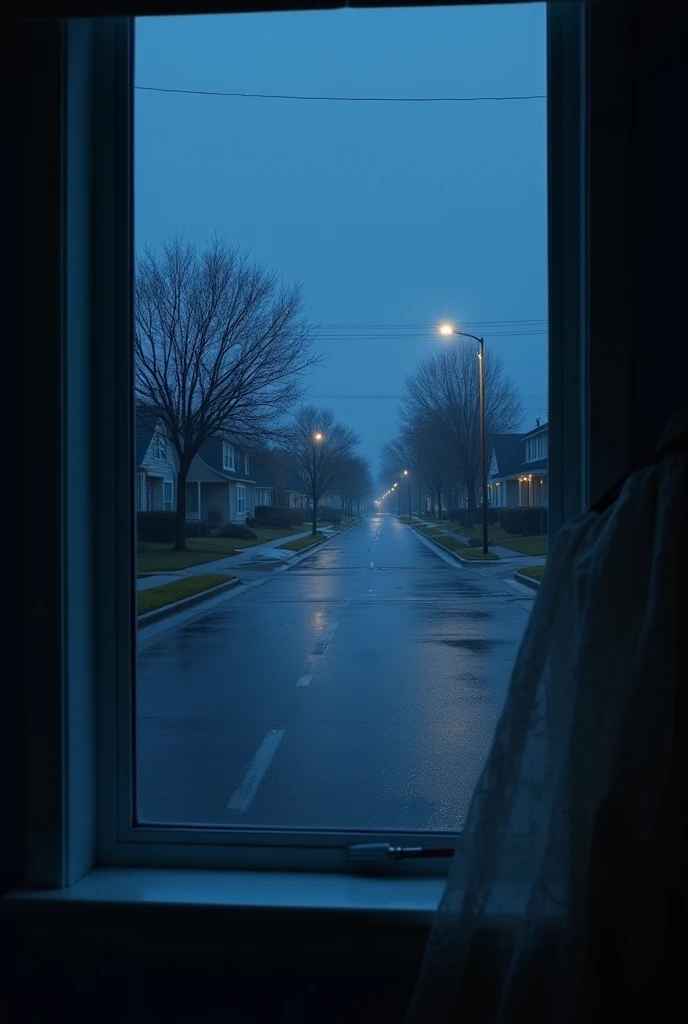1990's blue hour vibe in the suburbs after raining, with a view of a street with houses on each side with their lights turned off, street lights turned off, looking out through a big window with no partitions, from inside a dim and cold room, no life forms in sight