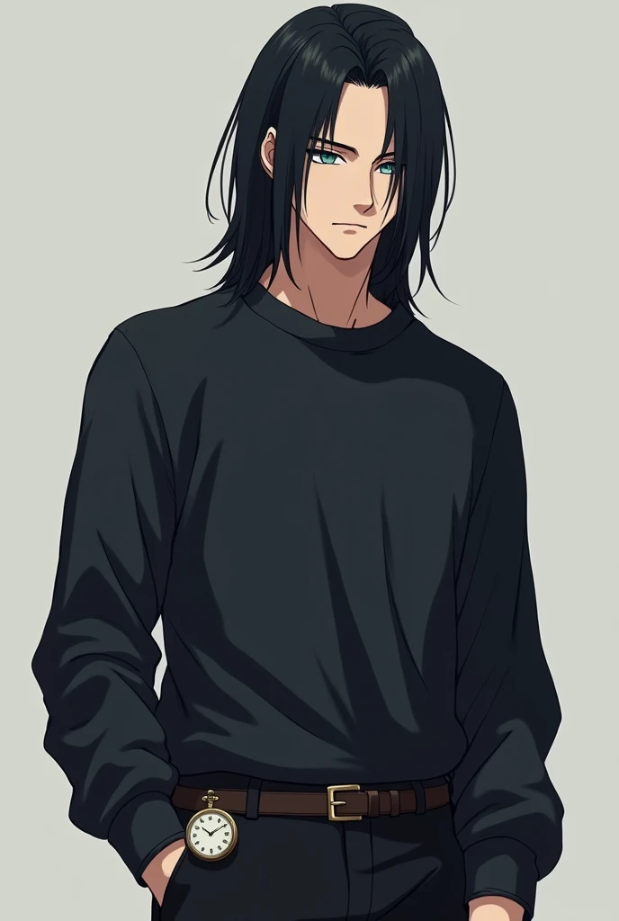 Tall, thin anime character with subtly prominent muscles, with straight jet black hair reaching to the neck and with a lock that falls over his forehead, Intense blue eyes with a penetrating gaze, clear skin without visible imperfections, with angular face, Slightly marked cheekbones and defined jaw, Thin, slightly arched eyebrows to give a thoughtful expression, thin lips with a neutral expression, He should wear dark and simple clothing such as a sweatshirt and comfortable pants and should wear an old pocket watch on his belt that can be used to keep track of time. Personaje masculino