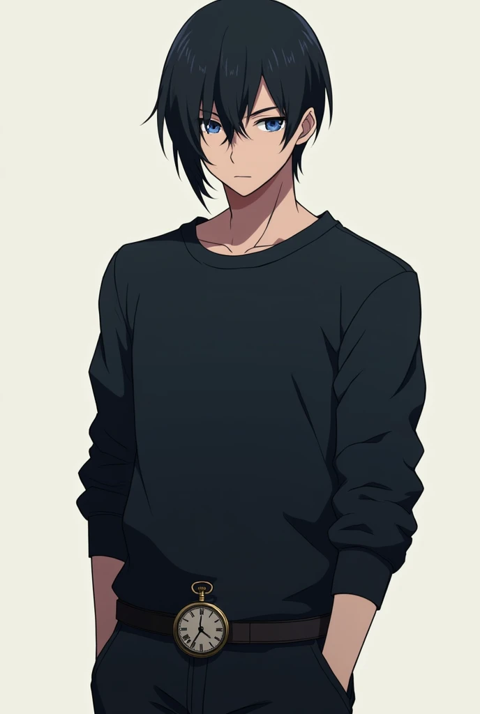 Tall, thin anime character with subtly prominent muscles, with straight jet black hair reaching to the neck and with a lock that falls over his forehead, Intense blue eyes with a penetrating gaze, clear skin without visible imperfections, with angular face, Slightly marked cheekbones and defined jaw, Thin, slightly arched eyebrows to give a thoughtful expression, thin lips with a neutral expression, He should wear dark and simple clothing such as a sweatshirt and comfortable pants and should wear an old pocket watch on his belt that can be used to keep track of time. Personaje masculino