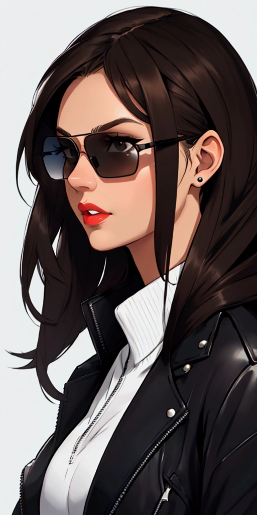 Create profile of young woman with dark brown hair, to wear black sunglasses, that the end of the head is visible