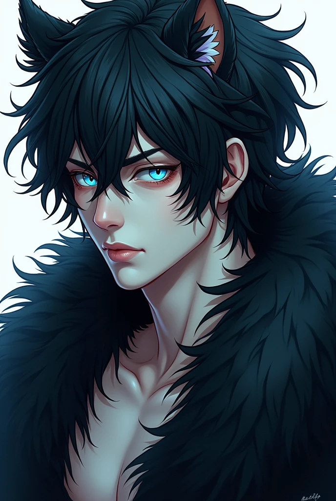 Generates a manhwa-style image of a man with white, smooth skin, wavy black fur, the serious look and the intense seductive eyes, pastel blue pupil, torn and small