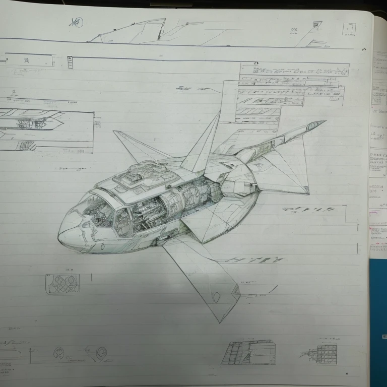 Close-up of a notebook、There is a picture of an airplane, by Ayako Rokkaku, Found a schematic in my notebook, shell, Anatomical sketch, A manatee-shaped mecha, By Yasutomo Oka, zoids art, Spacecraft design, weapon design, Ancient spaceships, Gospel illustrations, By Oka Yasutomo, Cyborg Whale