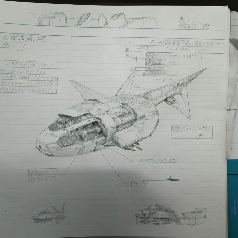 Close-up of a notebook、There is a picture of an airplane, by Ayako Rokkaku, Found a schematic in my notebook, shell, Anatomical sketch, A manatee-shaped mecha, By Yasutomo Oka, zoids art, Spacecraft design, weapon design, Ancient spaceships, Gospel illustrations, By Oka Yasutomo, Cyborg Whale